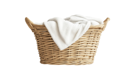 Wicker laundry basket with white towel isolated on a transparent background