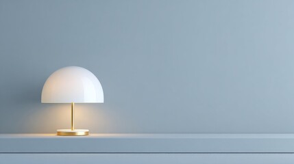 A minimalist modern desk lamp with soft diffused light illuminates a clean, empty surface against a serene blue-gray background.