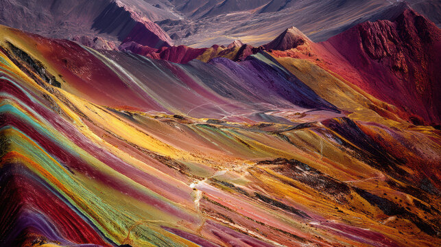 High angle view of vibrant Vinicunca Rainbow Mountain in Andes Mountains with colorful geological formations creating a breathtaking landscape in Cusco, Peru.
