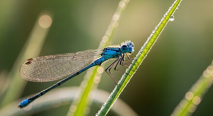 Blue damselfly with dew drops on grass blade insect dragonfly