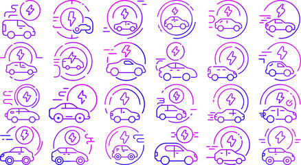 Electric car charging icons set with eco vehicle energy for green transport, power and sustainability