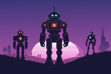 Beautiful Sci Robot Silhouettes Bold Neon High-Quality Stock Image