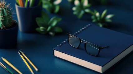 Video Notebook, pen, and glasses on a table