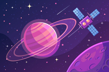 Beautiful Space Station Orbiting Glowing Purple Pla High-Quality Stock Image