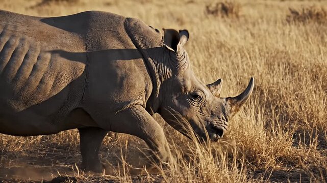 Majestic rhino galloping through the golden savanna stirring up dust in a captivating display of raw power and speed a beautiful wild animal in its natural habitat