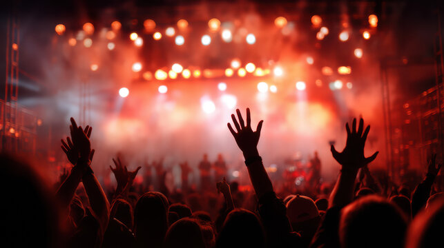 A crowd enjoys a vibrant live music concert with raised hands bathed in red stage lighting and hazy atmosphere, showcasing the excitement of the performance.