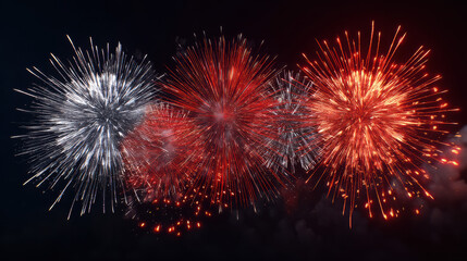 Brilliant bursts of red, white, and blue fireworks illuminate the dark night sky, celebrating a festive event with dazzling color and vibrant patterns exploding above.