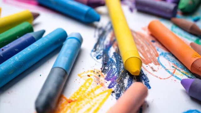 Close-up of colorful wax crayons on a white surface, with colorful scribbles beneath
