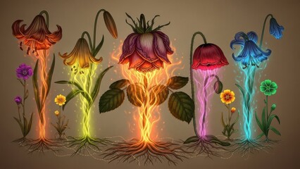Enchanting bioluminescent flowers glowing with vibrant colors in a mystical forest setting
