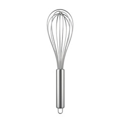 Stainless steel wire whisk with a silver handle isolated on transparent background