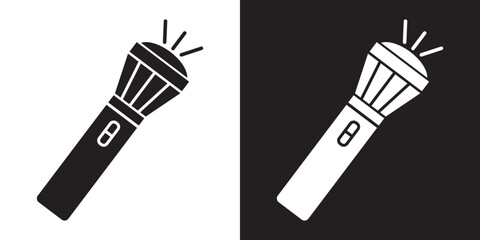 Hand torch flashlight. black vector collection of electric lantern group in flat style, portable light, battery lamp, emergency beam outline, glowing tool icon bundle
