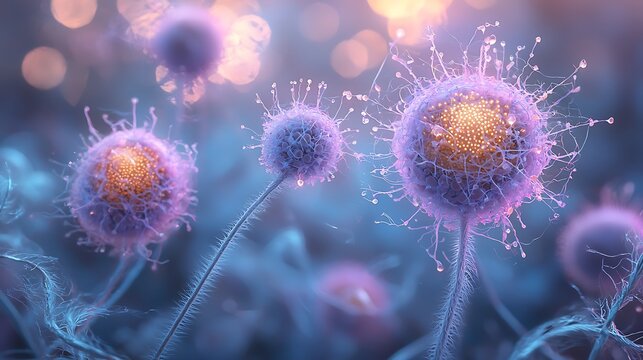 Abstract microscopic bioluminescent structures with delicate purple filaments and glowing orange centers, macro sci-fi fantasy scene with bokeh. - Powered by Adobe