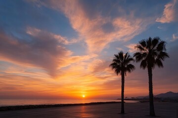 Obraz premium Tall palm trees silhouetted against red sunset over calm ocean