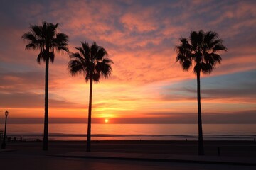 Fototapeta premium Red evening sky behind tall palms along quiet Pacific shoreline