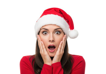 Surprised woman wearing santa hat, isolated on transparent background