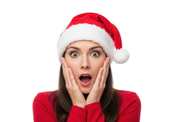 Surprised woman wearing santa hat, isolated on transparent background