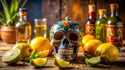 Day of the Dead skull with colorful decorations and bottles of liquor on a wooden surface, with lemons and limes