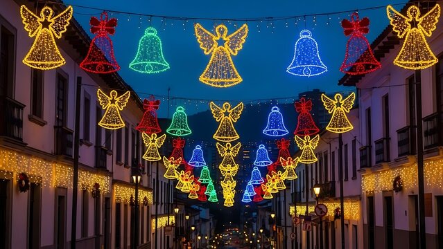 Illuminated street decorated with colorful christmas angel and bell lights at night