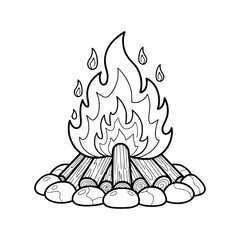Isolated Campfire with Stones Coloring Page Vector Illustration