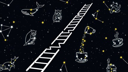 A broken ladder ascends through a starry night sky filled with constellations and celestial objects