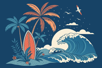 Showcasing Tropical Beach Elements Palm Waves Surfb Elegant Professional Photo