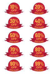 Collection of  discount tags with percentage off red ribbon vector design