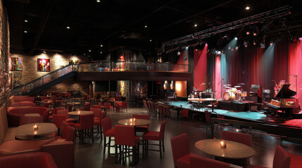 Empty jazz club interior showcases a vacant stage with instruments, tables, chairs, and a mezzanine before a live concert performance, illuminated softly at night.