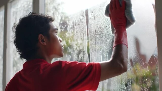 Window Cleaning: A dedicated individual wearing red uniform meticulously cleans a window, creating a streak-free shine.