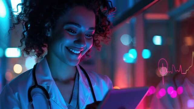 Video A doctor examining a patient's vital signs on a tablet while holding a stethoscope
