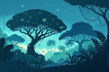Vibrant Tropical Jungle Night Scene With Biolumines Premium Digital Asset