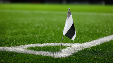 A black and white corner flag stands in the corner of a vibrant green soccer field with white boundary lines marking the edge of play on a bright sunny day.