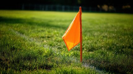 On a vibrant green sports field, an orange triangular corner flag stands proudly marking the boundary in the soft afternoon sunlight, inviting gameplay and competition.