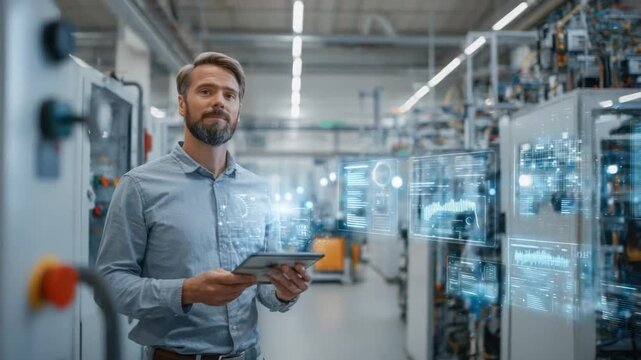 The Engineer's Insight: A skilled engineer, poised with a digital tablet in a high-tech factory setting, as holographic data visualizes advanced technical information, his focus, innovation.