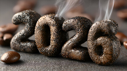 Dark Brown Number Figures with Steam on Black Surface and Coffee Beans