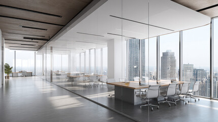 The modern office space showcases a large conference table, ergonomic chairs, and expansive city views through its floor to ceiling glass , designed for success.