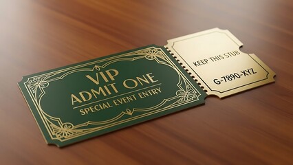 Fototapeta premium Exclusive vip admit one ticket with ornate golden border on a polished wooden surface