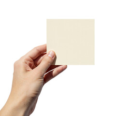 Fototapeta premium Hand holding blank square paper note for reminders or messages isolated on transparent background