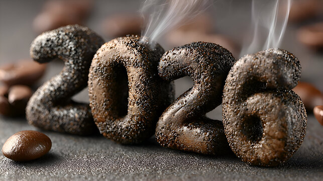Dark Brown Number Figures with Steam on Black Surface and Coffee Beans