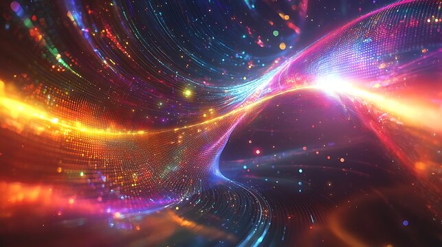Vibrant abstract digital background with glowing data particles and dynamic light streams, representing futuristic technology, network connections, and energetic information flow.