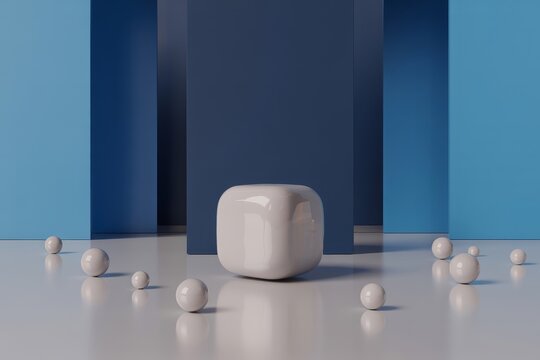 White rounded cube and spheres on reflective surface with blue background