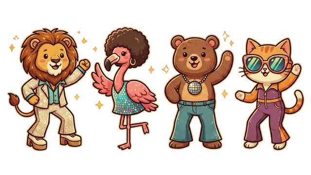 Colorful Cartoon Animals in Retro Fashion Dancing Together with Joy and Excitement