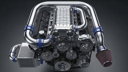 Detailed view of a high performance supercharged engine with chrome piping and blue accents against a dark gray background in a studio setting