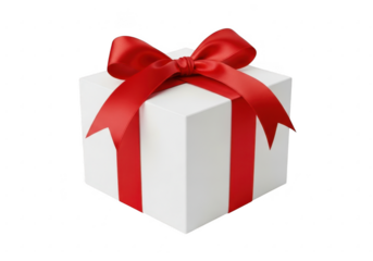 White gift box with red ribbon isolated on transparent background