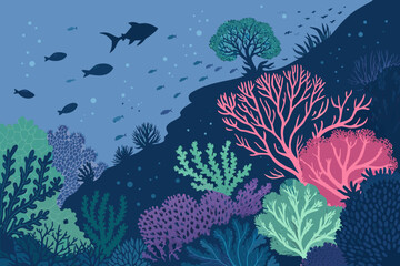 Underwater Coral Reef Scene With Fish Silho Premium Digital Asset Great for Commercial Projects