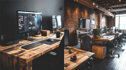 A stylish office space features wooden desks, modern computers, and exposed brick, creating an inspi and productive work environment for creativity and focus.
