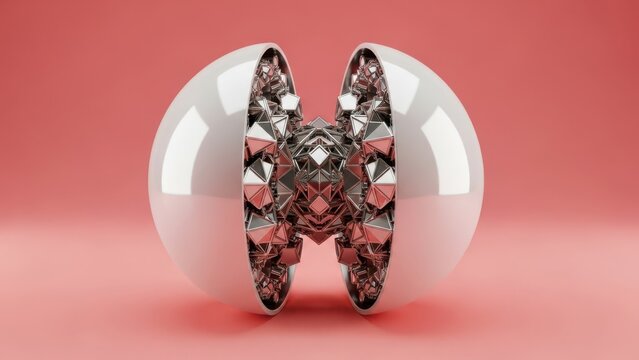 Abstract symmetrical floral pattern inside a glowing white egg shape on a pink background - Powered by Adobe