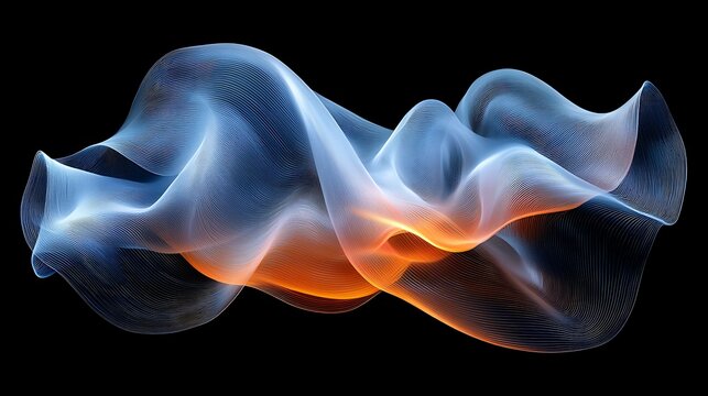Abstract flowing waves of blue and orange lines, creating a vibrant and dynamic digital art visualization against a dark background.