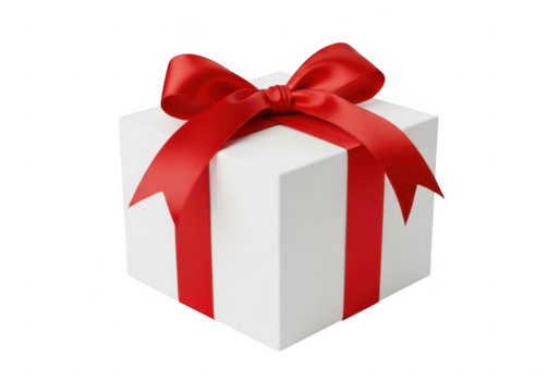 White gift box with red ribbon isolated on transparent background