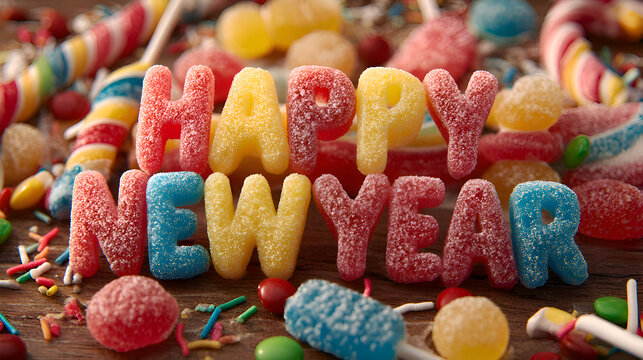 Colorful Candy Letters Spelling Happy New Year on Wooden Table