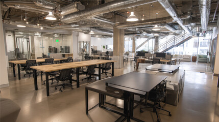 A spacious and modern co working office space features long communal tables, individual workstations, exposed ductwork, and bright natural light from large .
